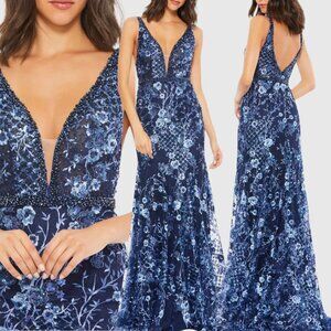 $698 Mac Duggal 67481 Size 4 Blue Floral Embroidered V-Neck Long Maxi Gown Dress